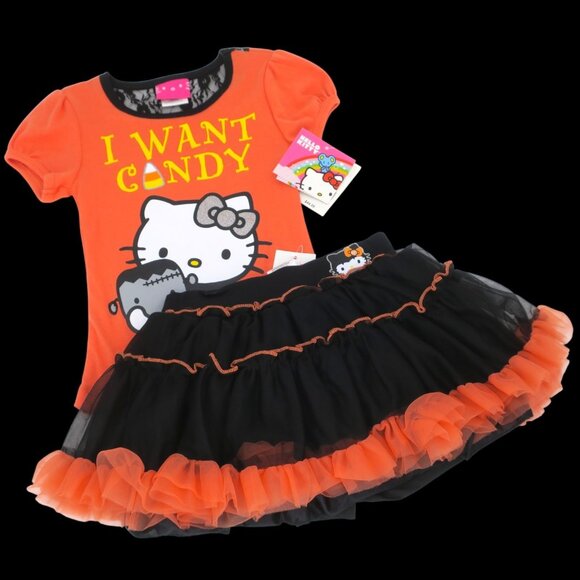 Hello Kitty Halloween Girl's 5 Short Sleeve I Want Candy Outfit 2pc Tutu Set NWT - Picture 1 of 3